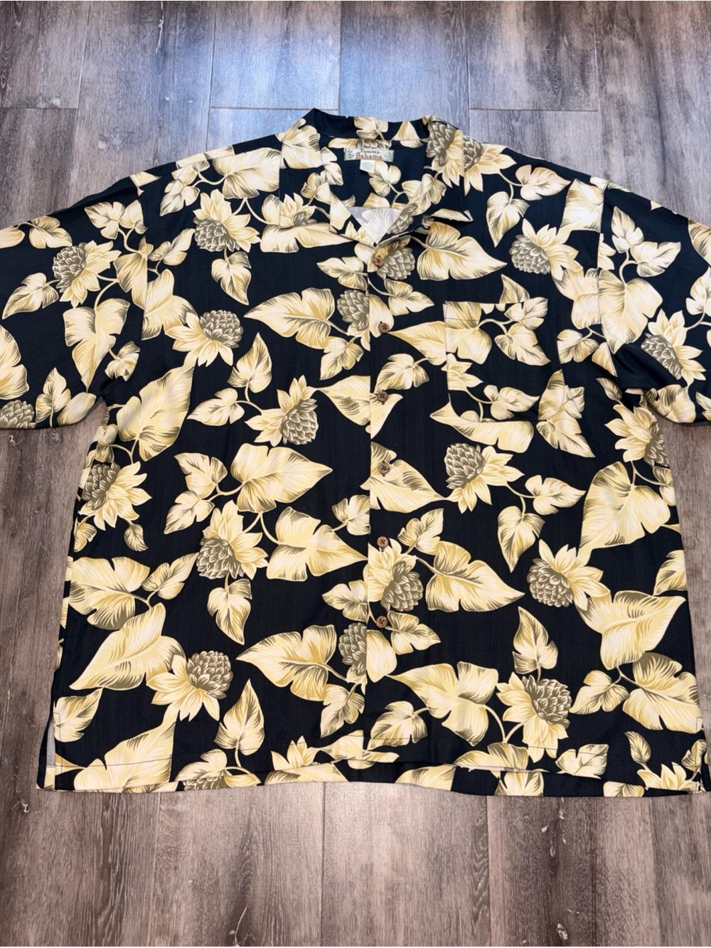 Vtg Tommy Bahama Flower Floral 100% Silk Short Sleeve Mens Size 2XL Black Yellow
